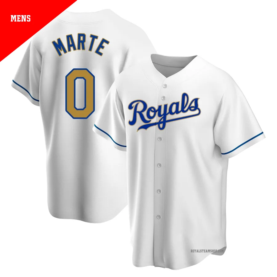Men's Kansas City Royals ＃0 Starling Marte Gold Replica White Home Jersey