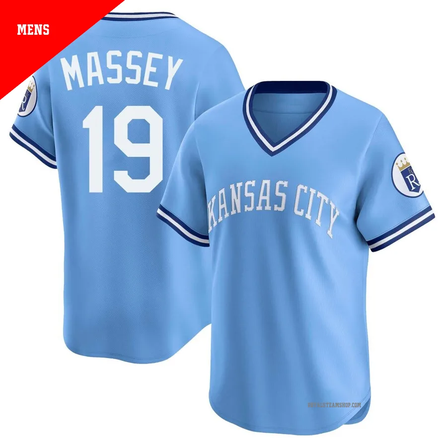 Men's Kansas City Royals ＃19 Michael Massey Light Blue Limited Throwback Cooperstown Collection Jersey