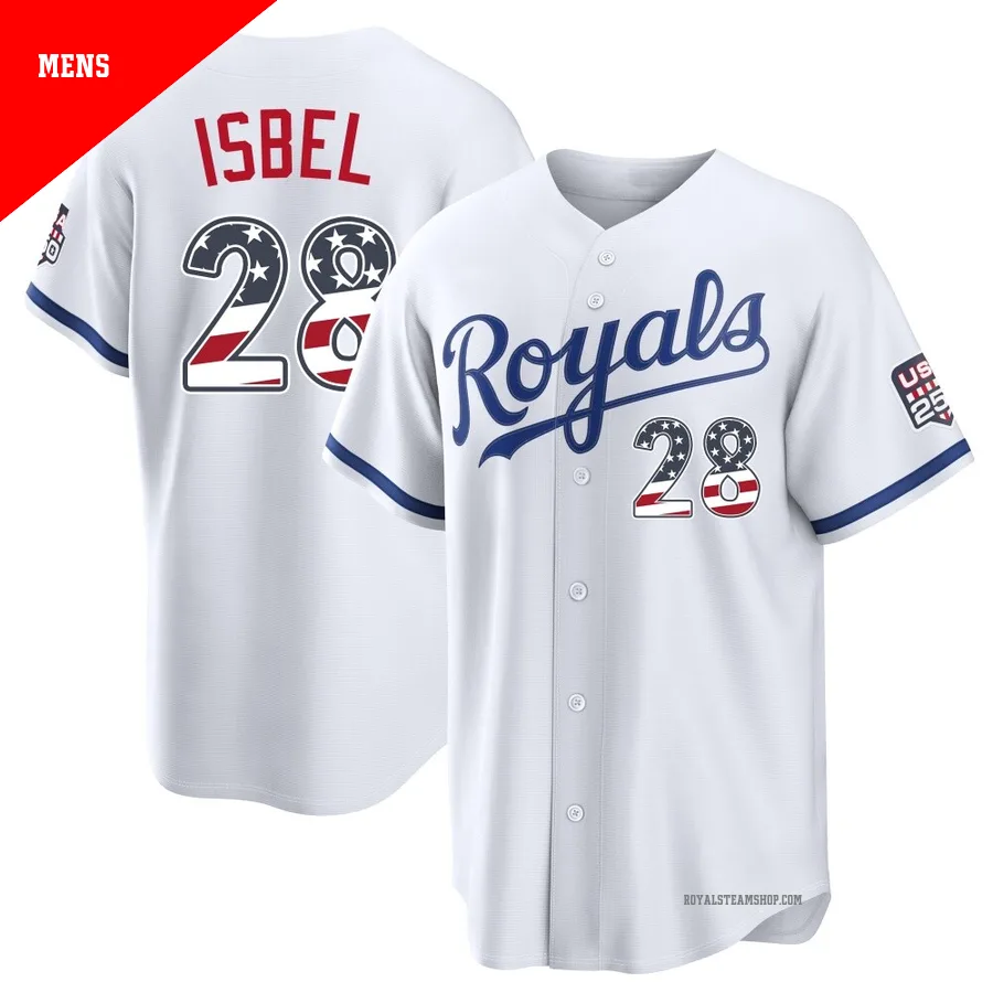 Men's Kansas City Royals ＃28 Kyle Isbel White Limited USA 250 Fourth Of July Home Stadium Jersey