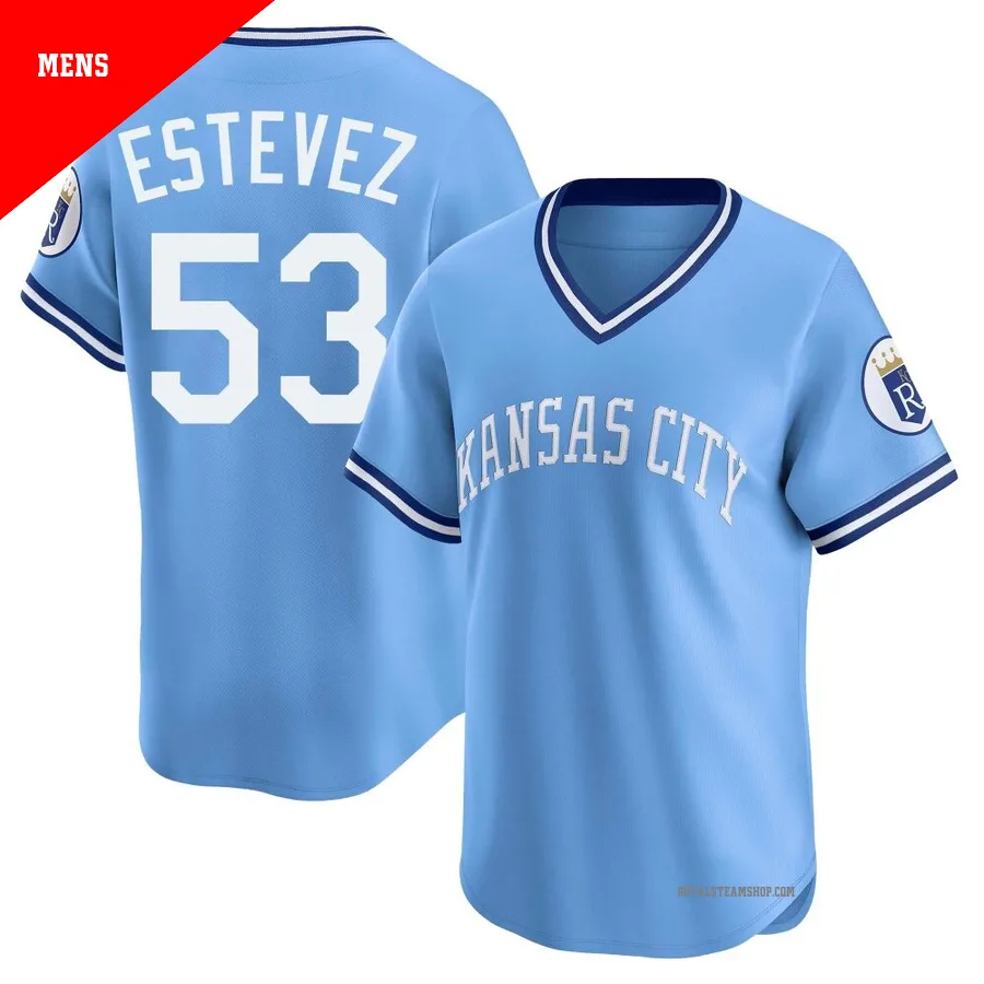 Men's Kansas City Royals ＃53 Carlos Estevez Light Blue Limited Throwback Cooperstown Collection Jersey