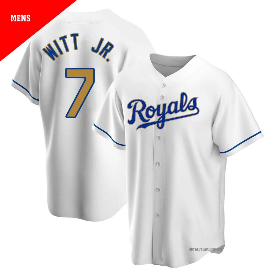 Men's Kansas City Royals ＃7 Bobby Witt Jr. Gold Replica White Home Jersey