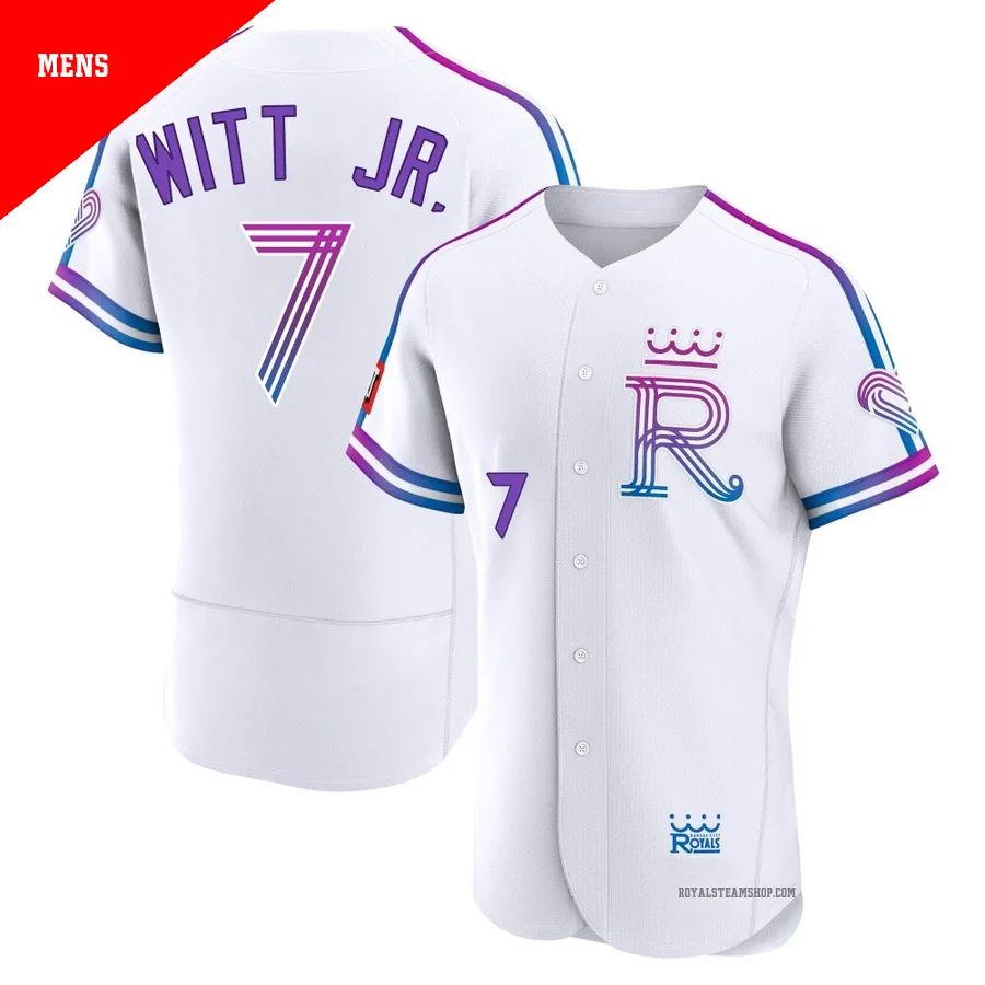 Men's Kansas City Royals ＃7 Bobby Witt Jr. White Authentic 2026 City Connect Stadium Jersey