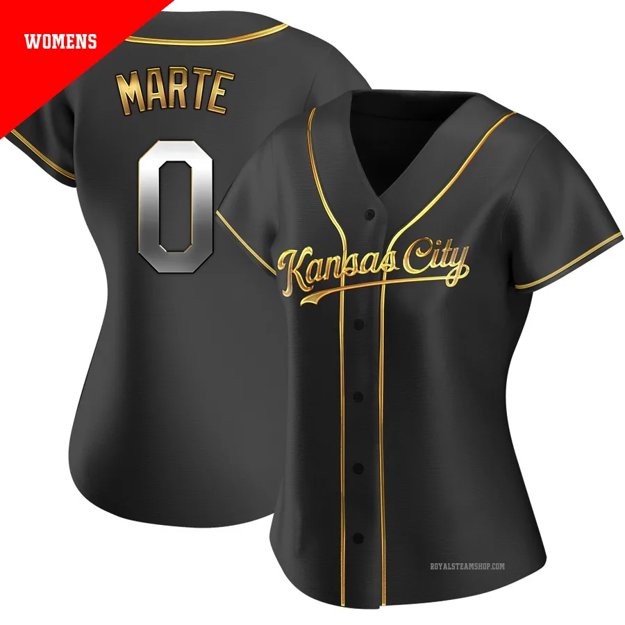 Women's Kansas City Royals ＃0 Starling Marte Gold Replica Black en Alternate Jersey