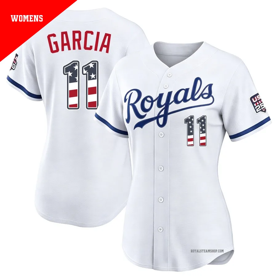 Women's Kansas City Royals ＃11 Maikel Garcia White Limited USA 250 Fourth Of July Home Stadium Jersey