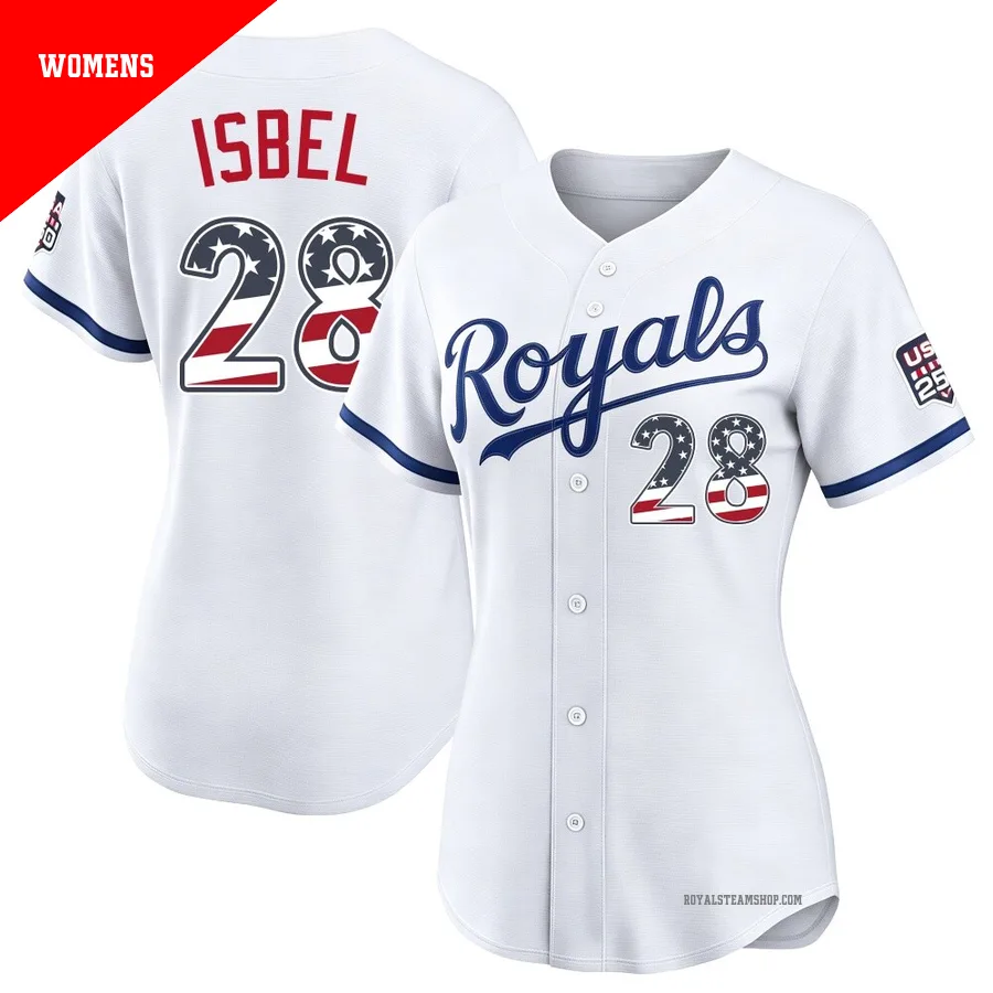 Women's Kansas City Royals ＃28 Kyle Isbel White Limited USA 250 Fourth Of July Home Stadium Jersey