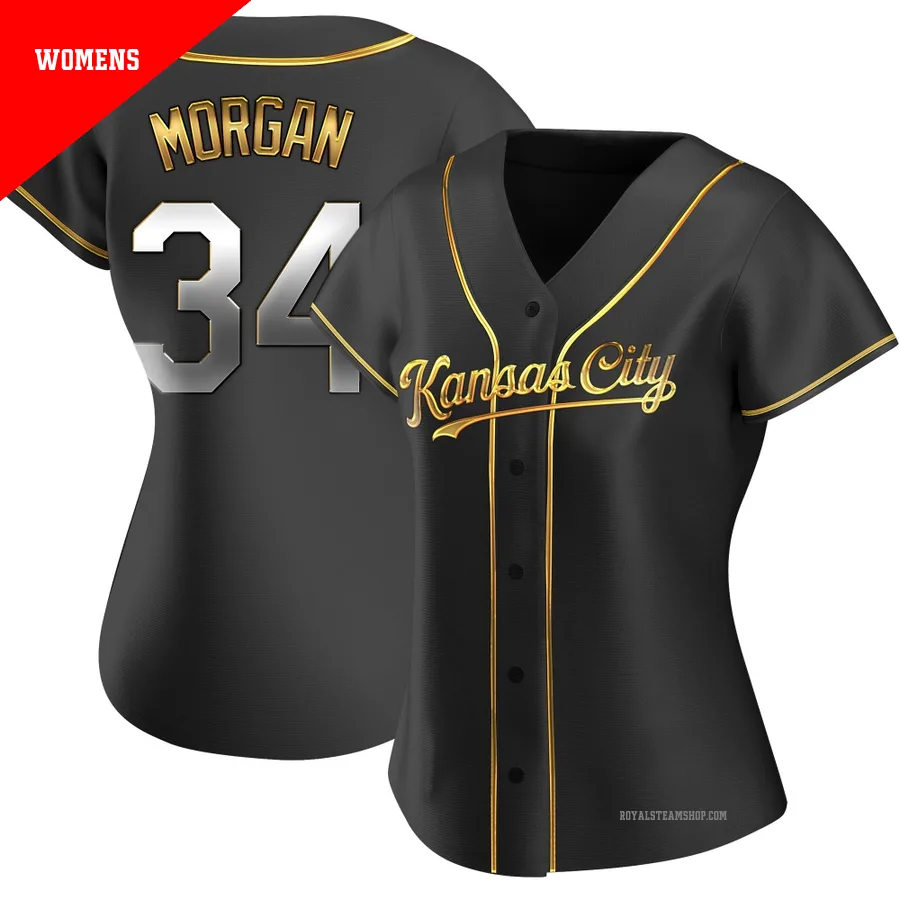 Women's Kansas City Royals ＃34 Eli Morgan Gold Replica Black en Alternate Jersey