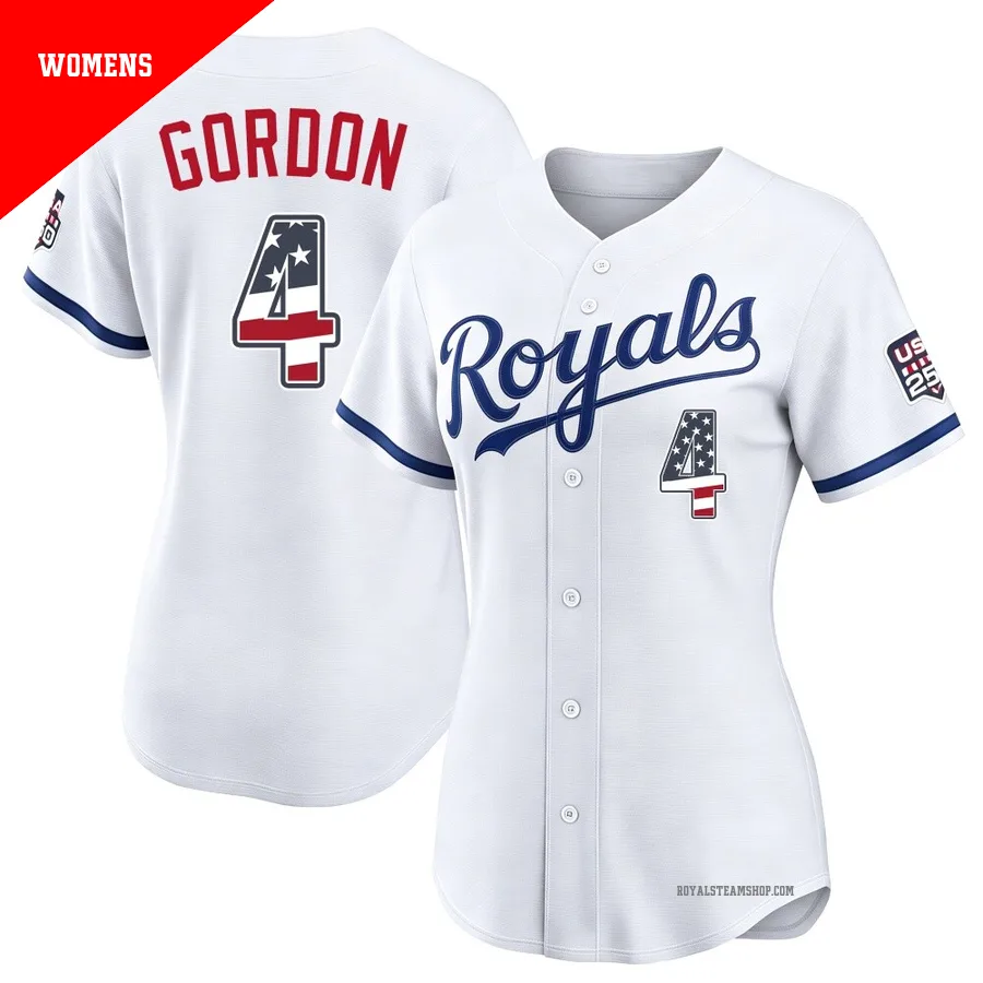 Women's Kansas City Royals ＃4 Alex Gordon White Limited USA 250 Fourth Of July Home Stadium Jersey