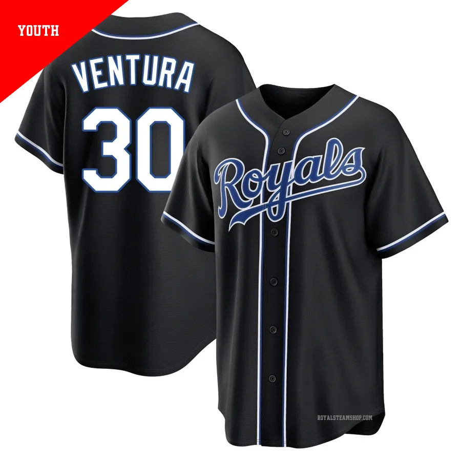 Youth Kansas City Royals ＃30 Yordano Ventura Black Replica Fashion Out Jersey