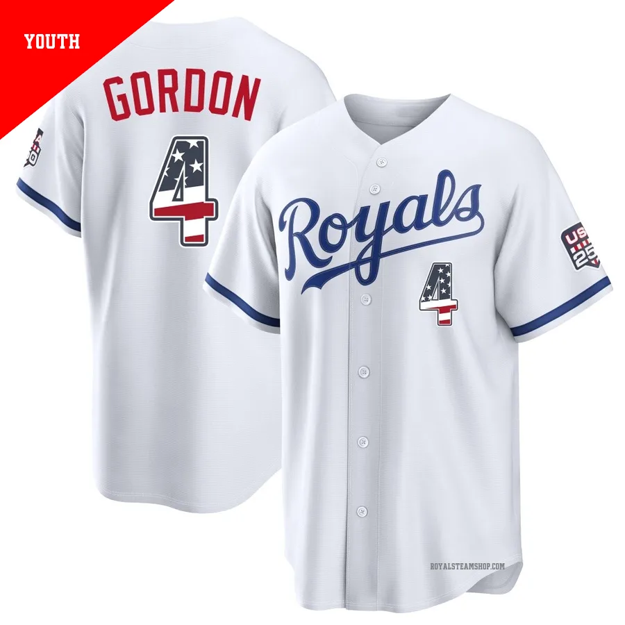Youth Kansas City Royals ＃4 Alex Gordon White Limited USA 250 Fourth Of July Home Stadium Jersey