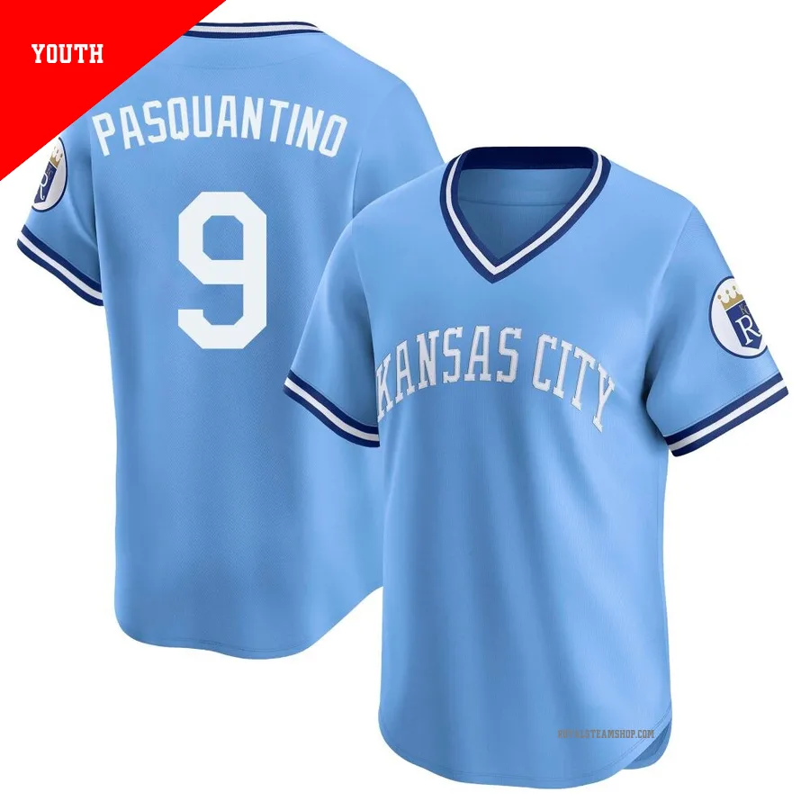 Youth Kansas City Royals ＃9 Vinnie Pasquantino Light Blue Limited Throwback Cooperstown Collection Jersey